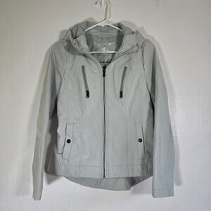 Sebby Hooded Faux Leather Jacket Women M Gray Zip Lightweight